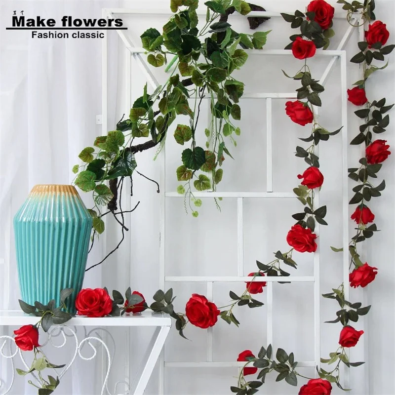 

1pcs 2m Artificial Flowers Rose Vine Decorated Red 9 Roses Real Touch Big Flower Wall Hanging Home Party Wedding DIY Decor