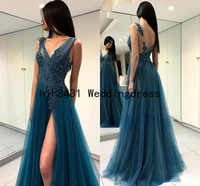 new appliqued prom dresses long deep v neck evening dress lace beaded a line formal party pageant cocktail gown custom made