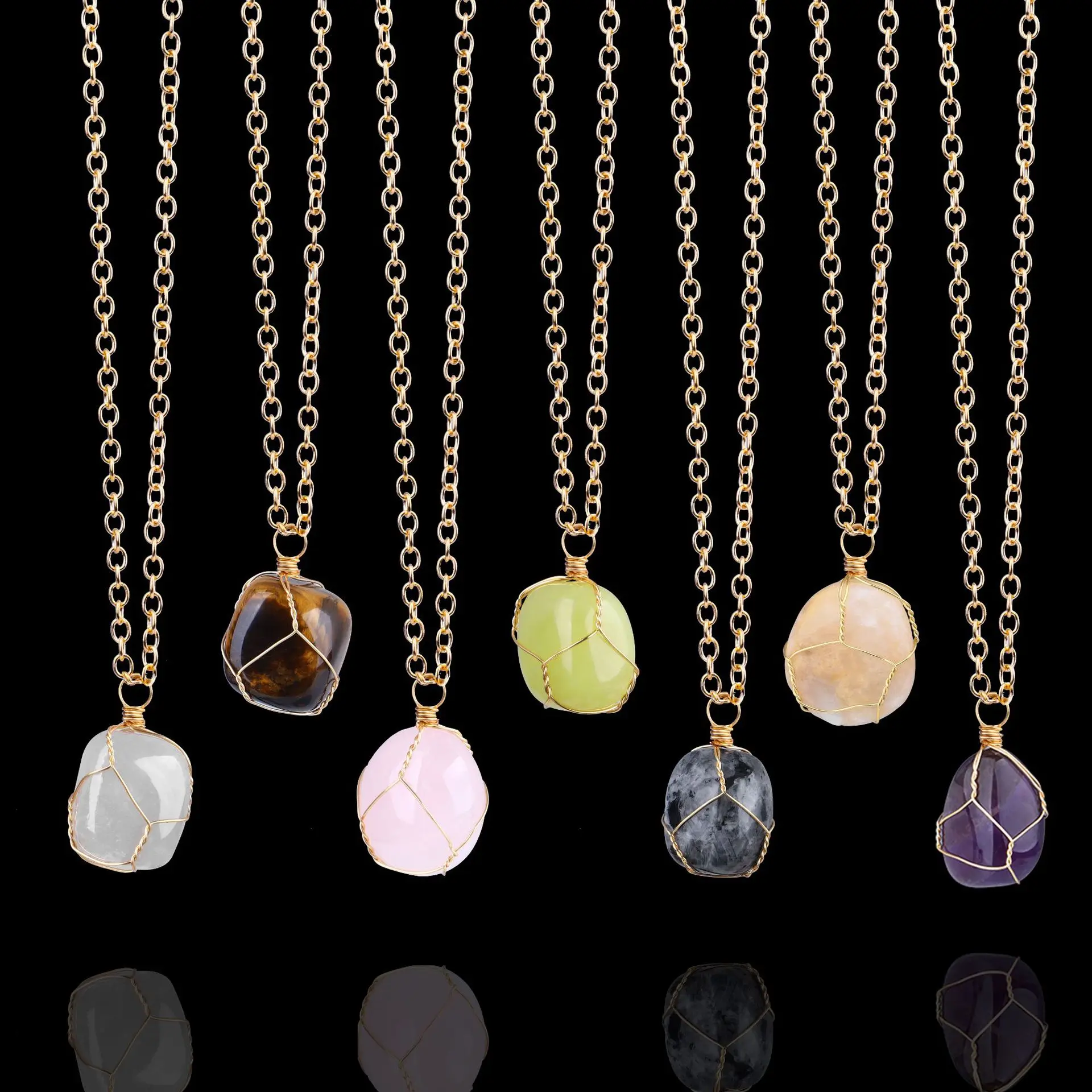 

1PC New Natural Stone Pendant Fashion Irregular Amethyst Tiger Eye Stone Hand Wound Silk Pendant Necklace Bohemian Gifts Jewelry