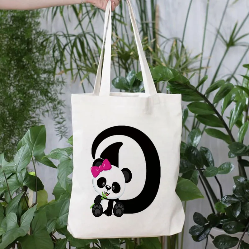 

Women Canvas Shopper Simple Eco Panda alphabet Handbag Shopping Bag Cartoon Printing Travel Handbags Female Tote bag for Grocery