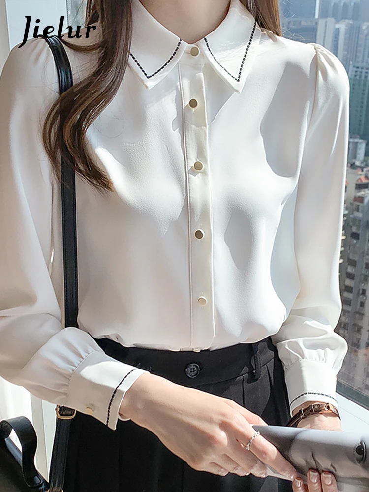 

Jielur Autumn New Casual Simple Long-Sleeved Women Shirt Solid Color Slim Ladies Shirt Woman White Black Basic Chic Chiffon Top
