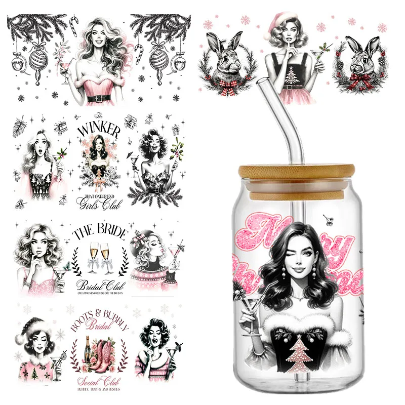 Красивая Рождественская девушка 16 унций УФ DTF обертки переводная наклейка для