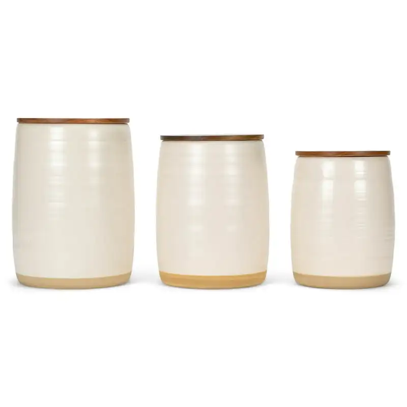 

White 6 inch Ceramic and Wood Kitchen Canisters Set of 3