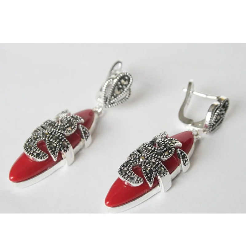 

Винтажные серьги ручной работы с натуральным кораллом из серебра 925 пробы с марказитом 1,5 дюйма