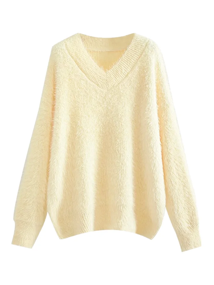 2024 New Idle Sle Milk Fufu White Mink Velvet Sweater Women Autumn and Winter V-neck Inner wear Base Top Thick