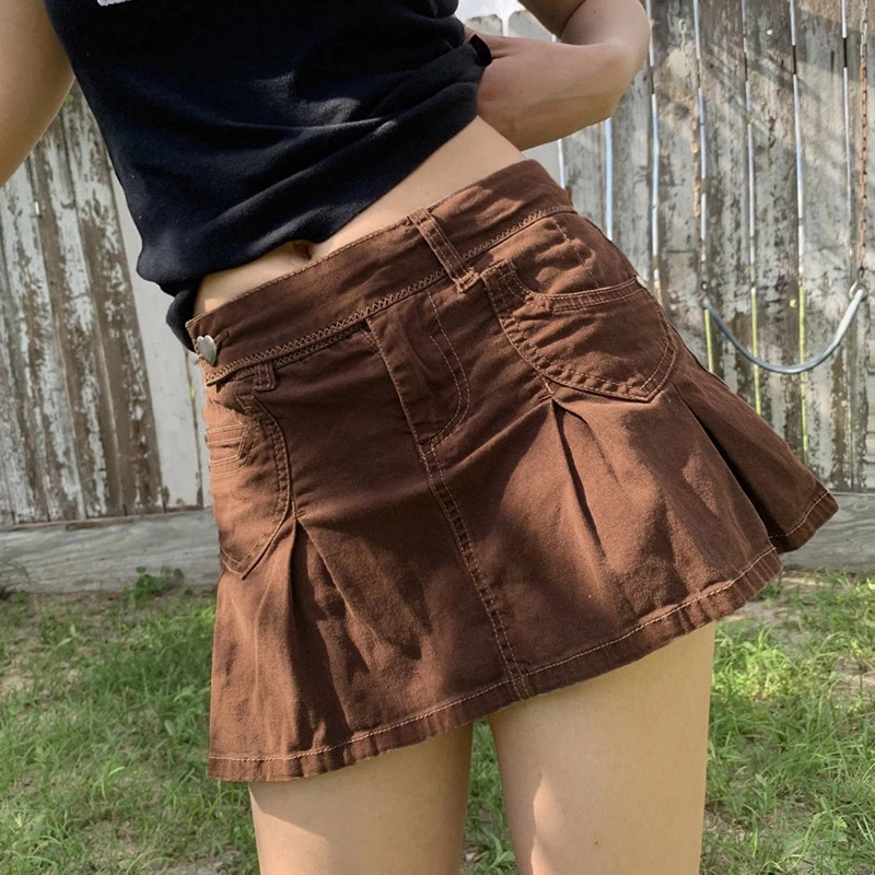 

Women's Vintage Low Waisted Denim Pleated Skirts Solid Color A-line Mini Skirt E-Girls Female Korean Preppy Style Y2k Streetwear