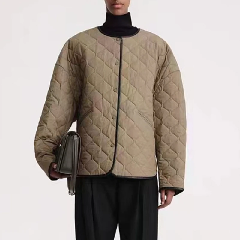 

Women Swamp Green Diamond Pattern Loose Round Neck Quilted Jacket Coat 2023 Autumn