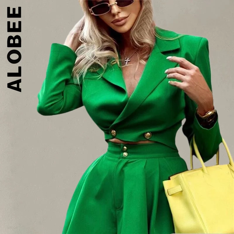 

Alobee New Women Set Loose crop blazer and ruffles Pleated shorts Buttons pocket 2 Piece Set Party Sweatsuits For Women Female