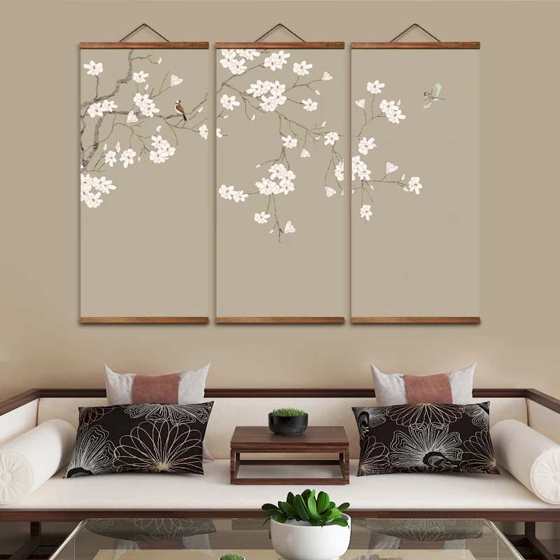 

MT3014 Chinese Style Zen Chinese flowers and birds Decorative Wall Art Posters Solid Wood Scroll Paintings