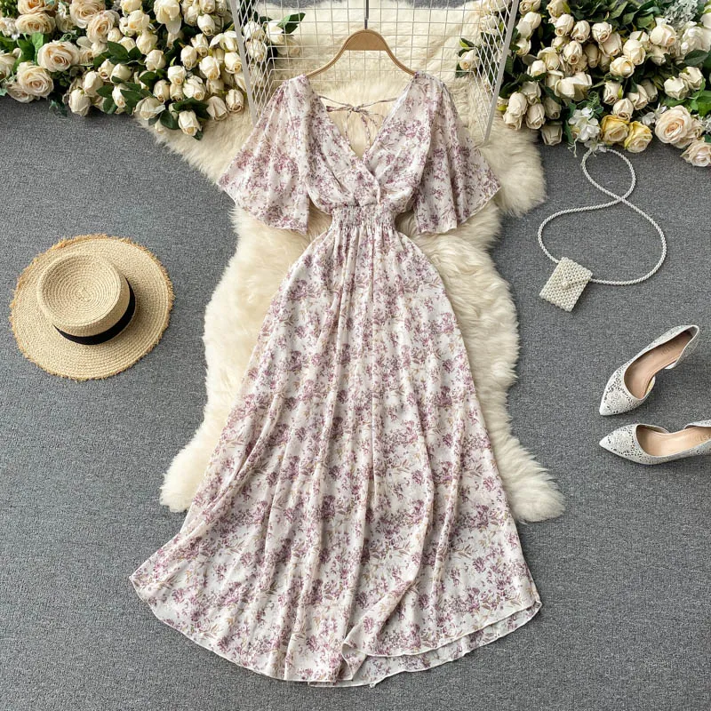 

18 Color Summer Boho Beach Holiday Dress Women's Clothes 2023 New Summer Sexy V-Neck Slim Chiffon Floral Beach Dress AC270