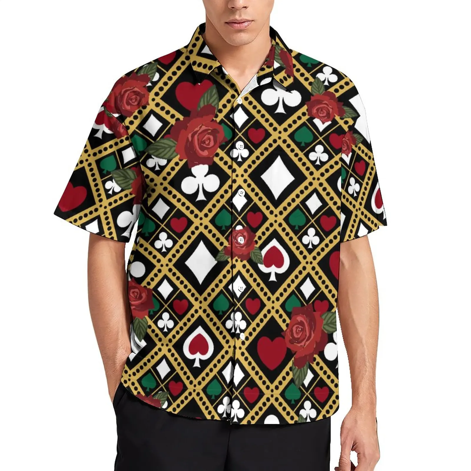 

Funny Poker Shirt Vacation Flower And Heard Print Casual Shirts Hawaiian Printed Blouses Short Sleeve Retro Oversized Clothes