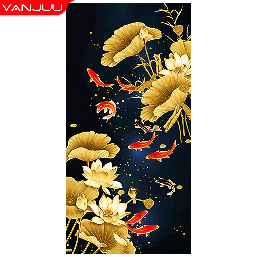 

5D Diamond Painting Fish Koi and Lotus Flower Full Square Round Crafts Mosaic Cross Stitch Kit Rhinestone Embroidery Home Decor