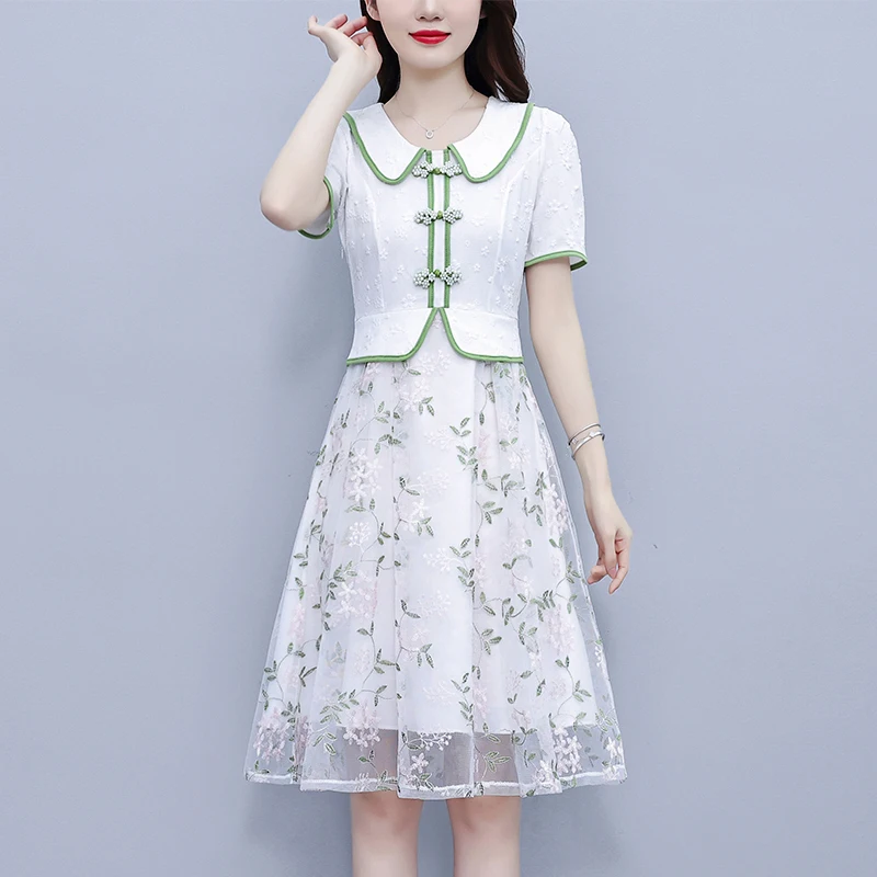 # 7965 Лето Белое Винтажное Ложное Платье А-силуэта с Высокой Талией Из Двух Частей