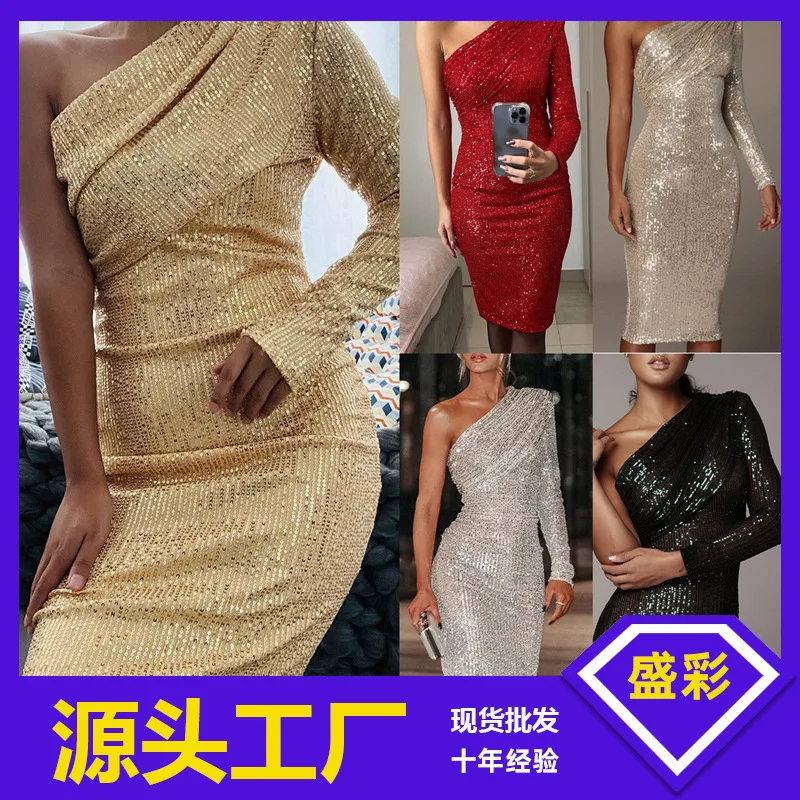 

2023 shoulder dress diagonal neck wrapped evening dress fashion sequined nightclub sexy women's clothing
