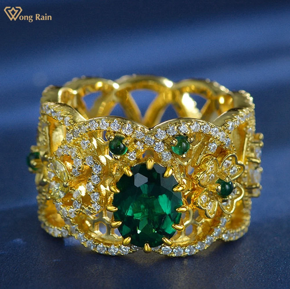 

Wong Rain Vintage 100% 925 Sterling Silver Oval Cut Created Moissanite Emerald Gemstone Anniversary Women Ring Fine Jewelry Gift