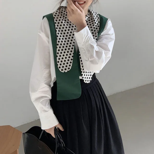 E GIRLS  Woman Dress Sets 2021 Korean Fashion Wave Point Irregular Lapel Stitching Long-sleeved Shirt and Pleated Skirt Suit