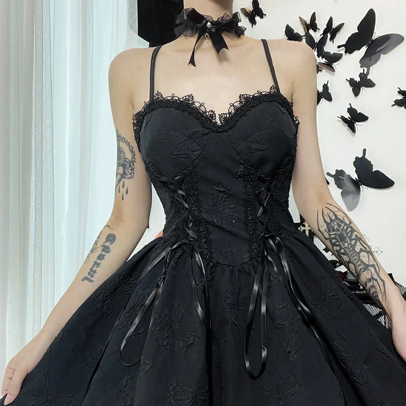 

Goth Print Rose Dresses Lace Up A Line Y2K Fairy Grunge Sexy Backless Fashion V Neck Dark Academy Emo Summer Partywear