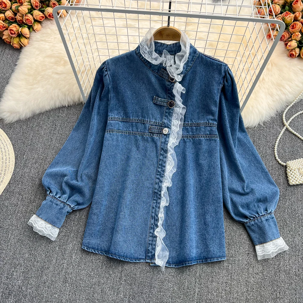 

2022 Spring and Autumn New Korean Foreign Style Top Women's Design Sense of Minority Lace Splicing Chic Denim Shirt