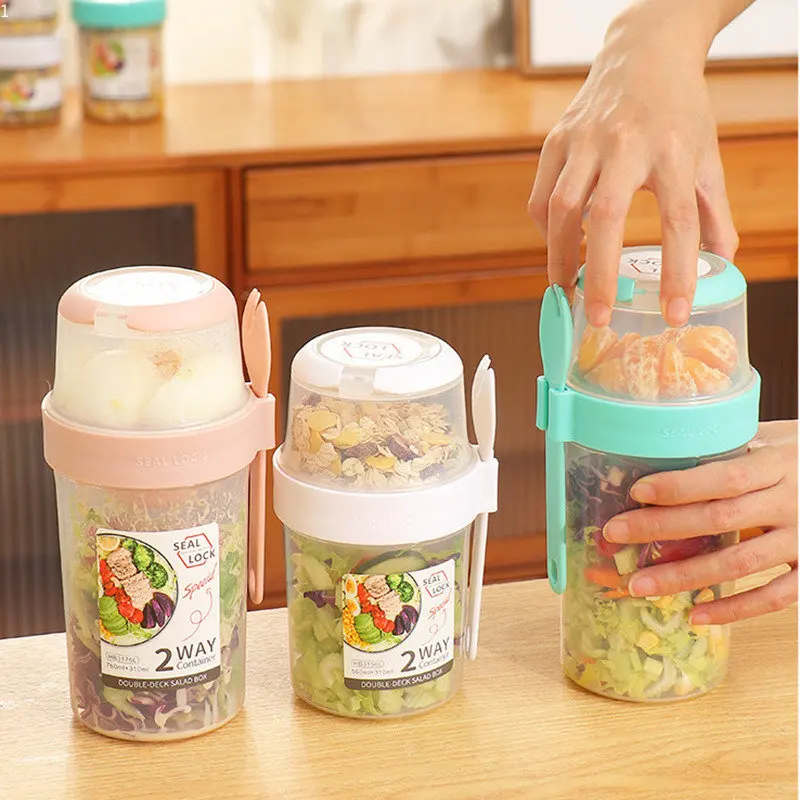 

Breakfast Oatmeal Cereal Nut Yogurt Salad Cup Seal Container Set with Fork Sauce Cup Lid Bento Bilayer Food Taper Bowl Lunch Box