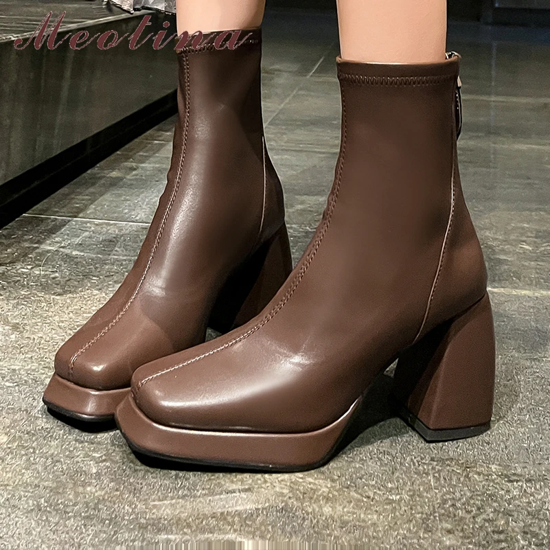 

Meotina Women Ankle Boots Square Toe Platform Chunky High Heels Zipper Short Boot Ladies Fashion Shoes Autumn Winter Beige Brown