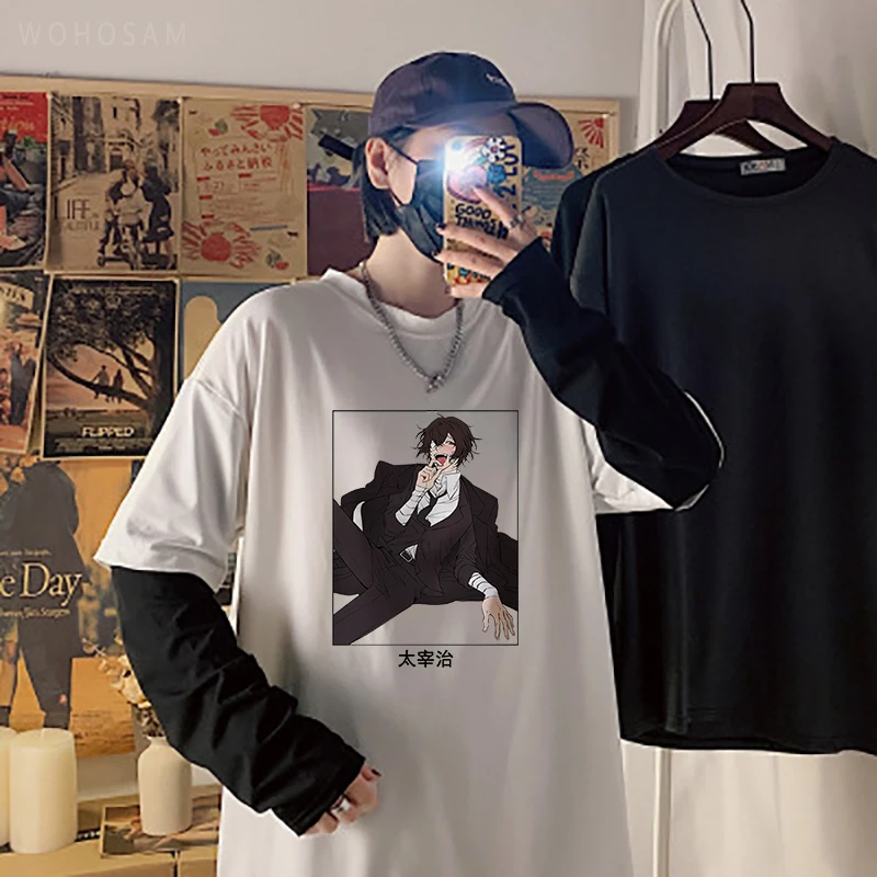 

Anime Bungo Stray Dogs Osamu Dazai Funny Men Print Long Sleeve T Shirt Fashion Cartoon Summer Casual Men Fake Two Pieces T-Shirt