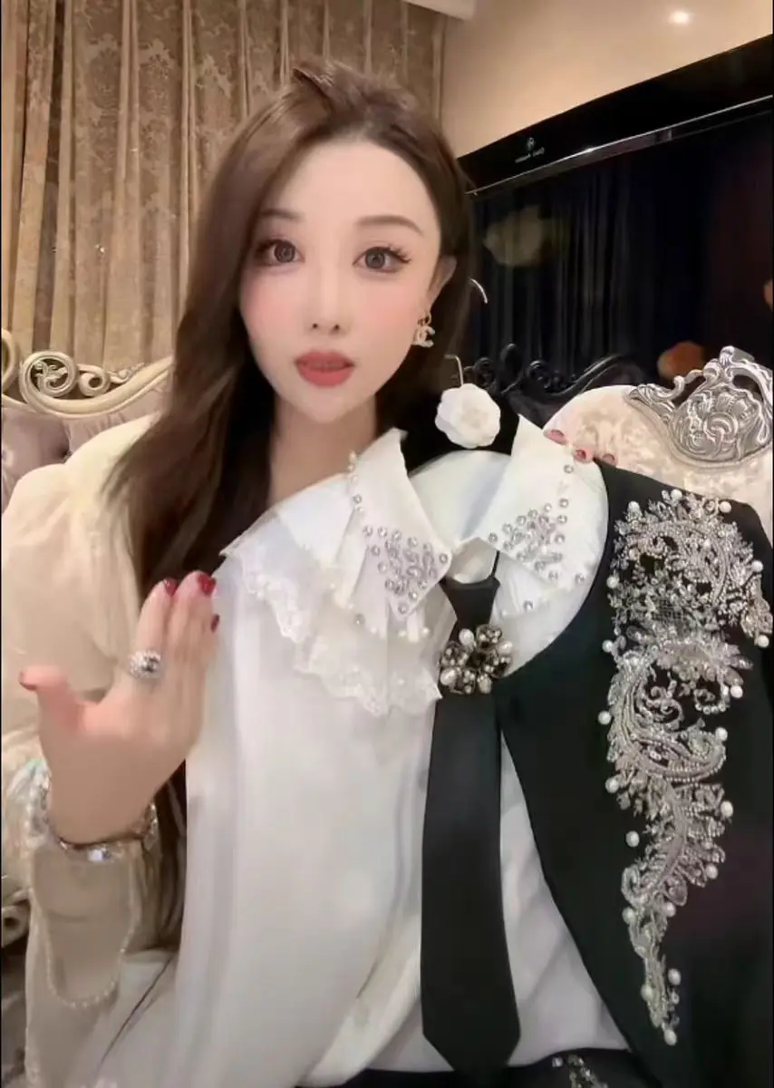 Новинка Осень 2024 белая рубашка со стразами и галстуком для женщин блузка в стиле