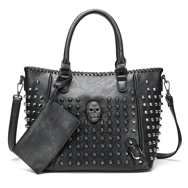 

New Rivet Women Bag Pu Leather Crossbody Bag Purse Skull Handbag Quality Punk Shoulder Bag with Wallet Messenger Bag