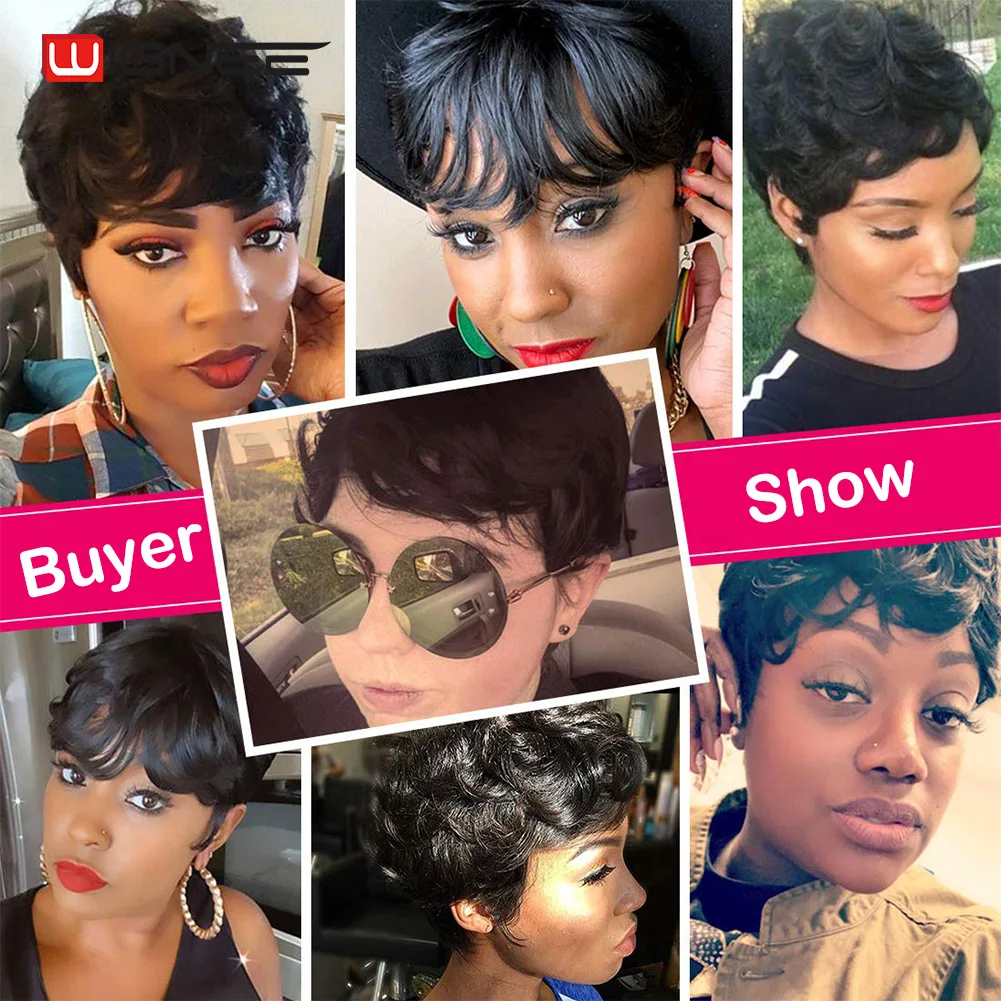 Short Pixie Cut Human Hair Wigs Brazilian Remy Hair Short Curly Layered Wavy Wigs For Black Women 150% Density Natural Black Wig