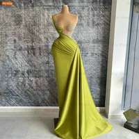 fei rong olive green one shoulder mermaid eveing dresses beads pleated robes de soir%c3%a9e party dress vestidos de noche sweep train