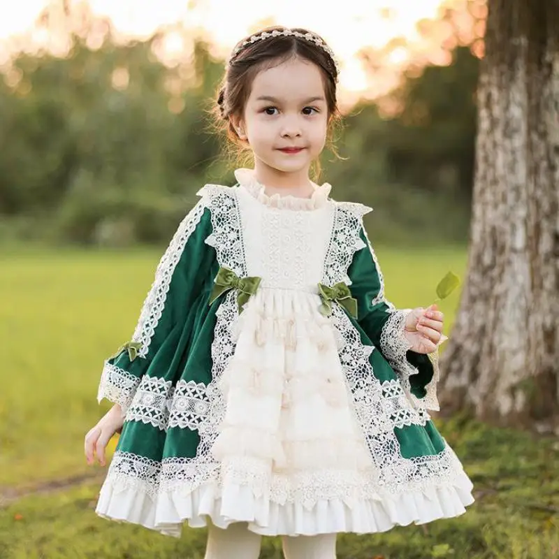 Spanish Style Lolita Dress For New Year 2022 Long Sleeve Lace Loose Hem Ball Gowns Children Toddler Party Dresses Clothes