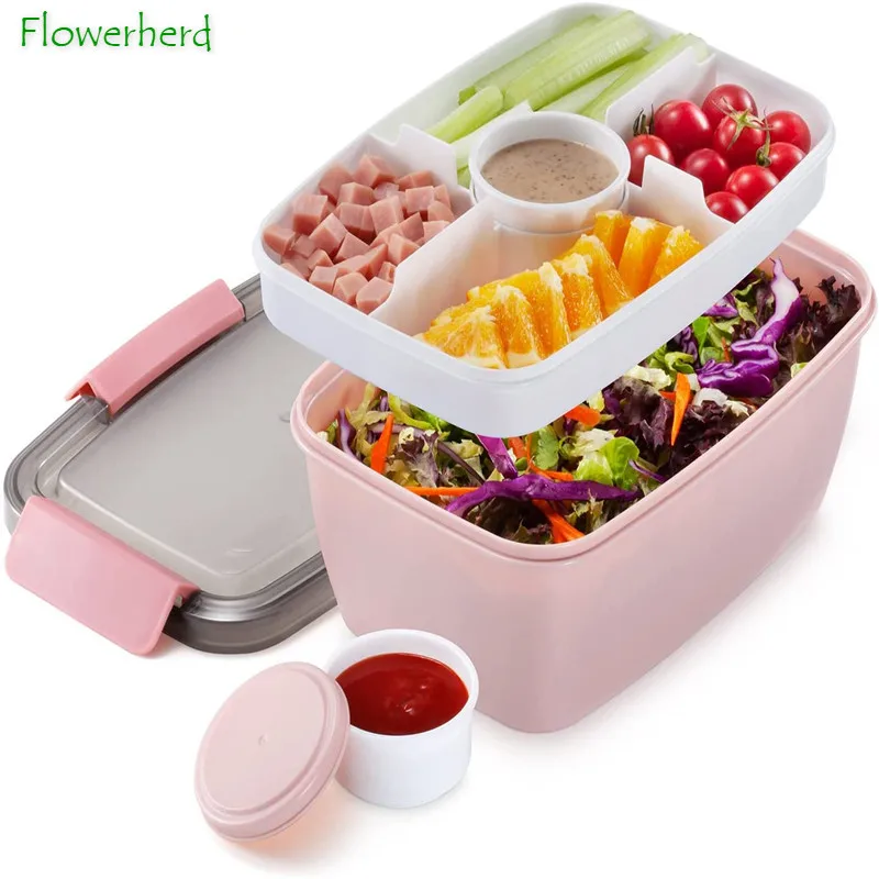 

Large Salad Lunch Container 68 Oz Salad Bowl with 5 Compartments Bento-Style Tray Salad Dressing Containers Leak-Proof BPA-Free