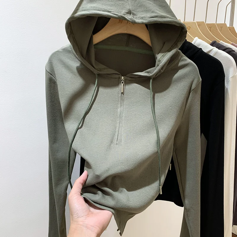 

Пуловер на молнии с капюшоном, короткая футболка для женщин, модная облегающая футболка с длинным рукавом, Женская Минималистичная шикарная толстовка, топы