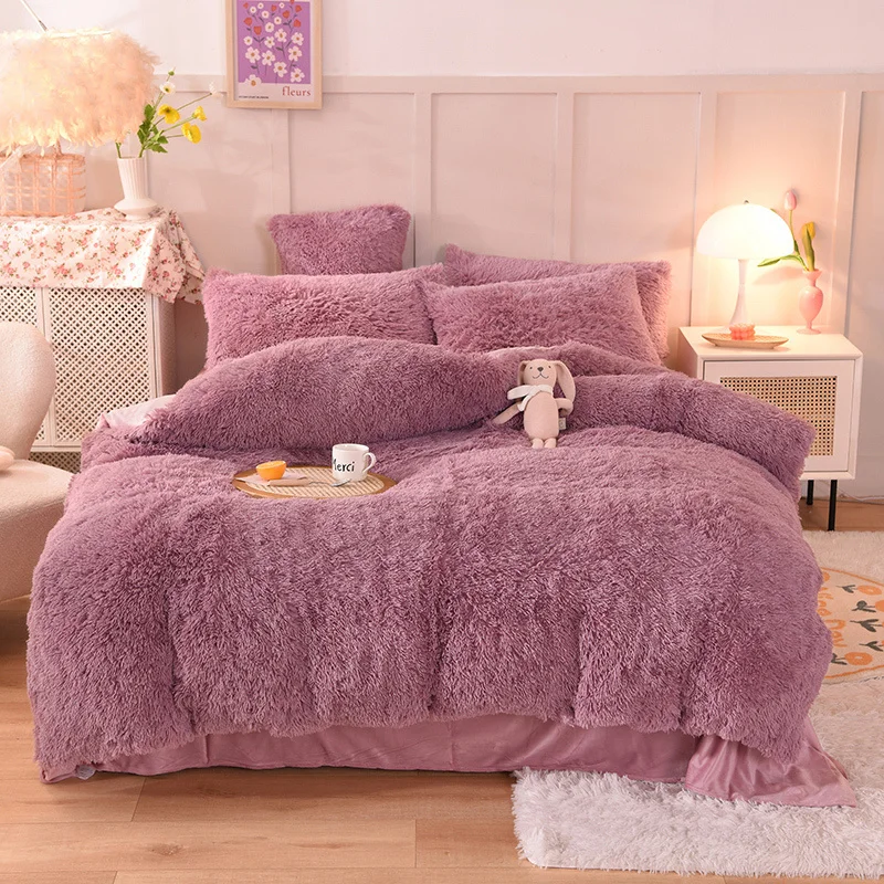 Winter Super Warm Long Plush Bedding Set Fluffy Faux Fur Shaggy Duvet Cover Flat Bed Sheet Pillowcase Bed Set