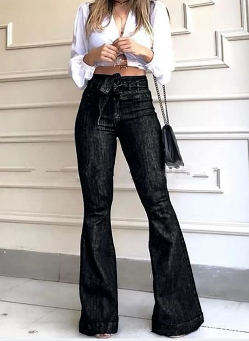 Women's Fashion Little Stretch Full Length Flare Pants Denim Female Blue Autumn High Waist Lace Up Boot Cut Jeans Cords Trousers