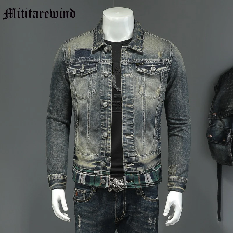 

Splicing Fake Two Pieces Lapel Denim Jacket Men Distressed Vintage High Street Coats Hip Hop Moto&Biker Vibe Clothing Y2k