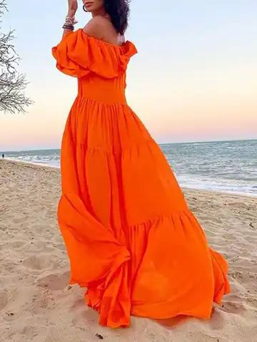 Onecozyday Stylish Selection Puff Sleeves Off-The-Shoulder Pleated Bohe Beach Dress 2023 Summer Vacation Maxi Dresses For Women