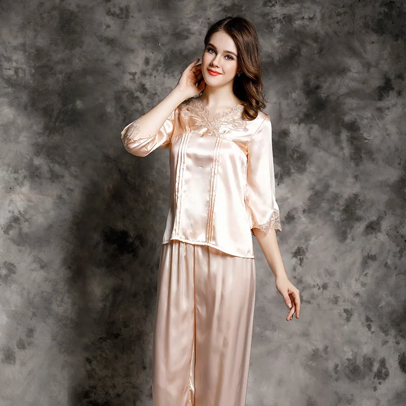 2022 NEW Summer 22mm 100%Silk Pajamas Set Women Silk Homewear Sleepwear Pink Pearl High Quality Clothing