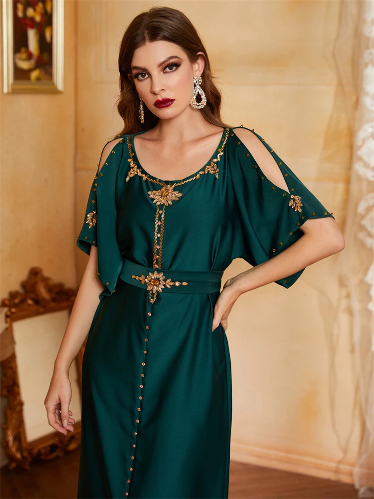 Kaftans For Women Green Abaya Satin Dubai Turkey Islam Muslim Hijab Modest Dress Djellaba Robe Femme Musulmane Caftan Vestidos