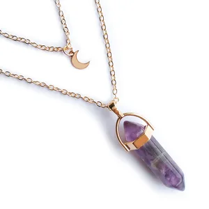 Natural Stone Amethyst Pointed Hexagonal Pendant Layered Crystal Moon Necklace Gold Metal Chain Choker Jewelry for women Girl