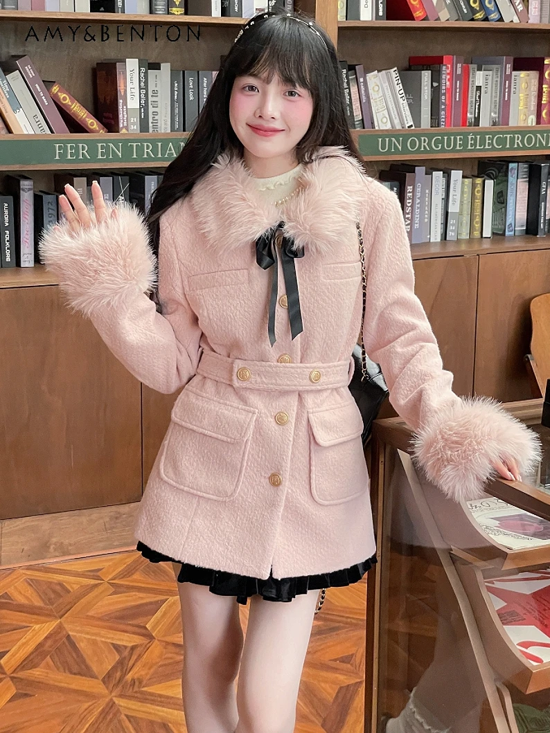 

Милое плюшевое шерстяное Пальто с кукольным воротником, Женское приталенное Пальто с высокой талией, женская зимняя куртка в стиле преппи, милое средней длины, Женское Пальто