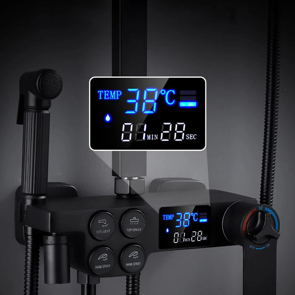 Черный Термостатический смеситель для душа большой кран Водопад ванны с полкой