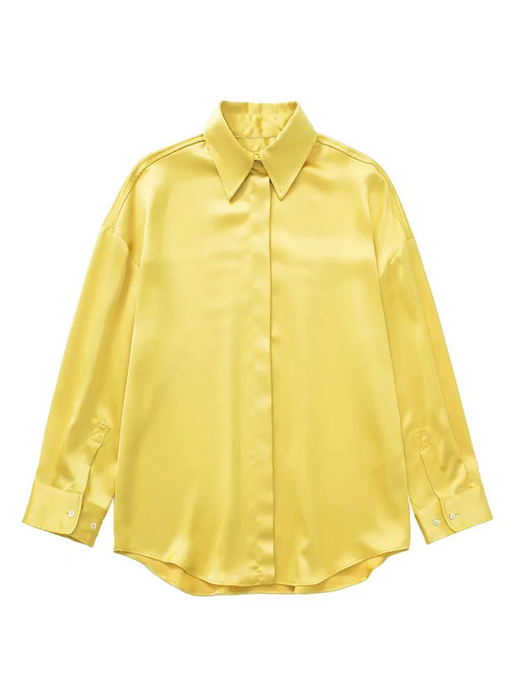 

2022 Women's Spring New Fashion Silk Satin Textured Loose Shirt Vintage Long Sleeve Button Blouse Blusas Chic Top Best