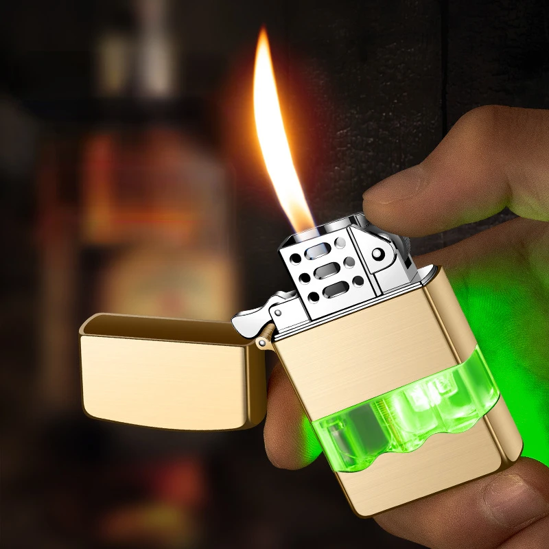 

New Metal Grinding Wheel Open Flame Lighter Green Light Perspective Gas Window with LED Flashing Light Butane Inflatable Lighter