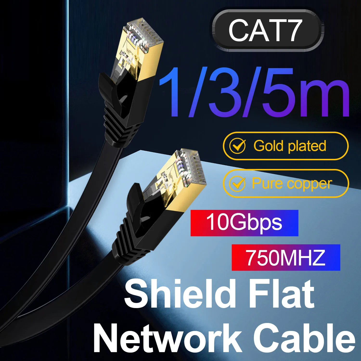 Плоский экранированный сетевой кабель CAT7 10 Гбит/с 750 МГц RJ45, сетевой кабель 32AWG, Интернет-шнур, чистая медь, STP для компьютера
