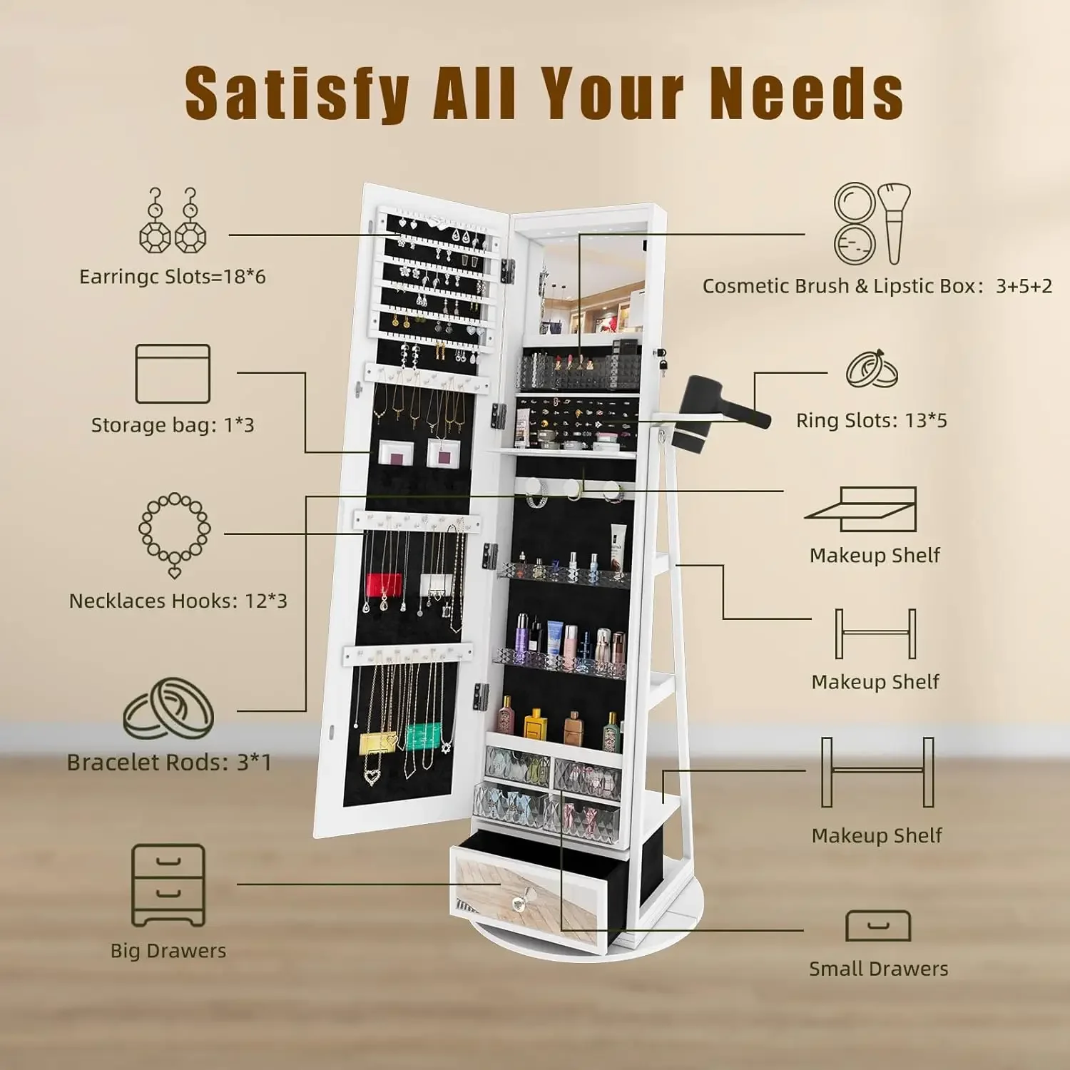 Вращающийся Шкаф для ювелирных изделий с зеркалом подсветкой вращающееся