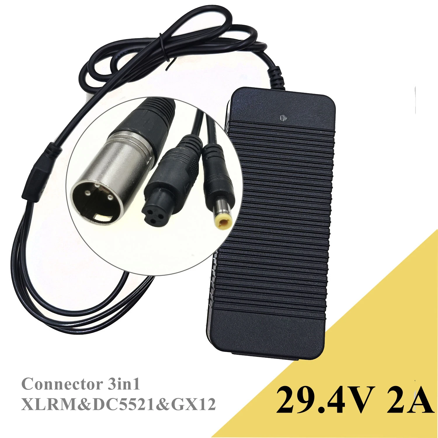 

29.4v 2A charger for 24v 25.2V Li-ion battery 3 in1 DC5521&GX12 3Pin & XLRM suitable for ebike scooter hoverboard