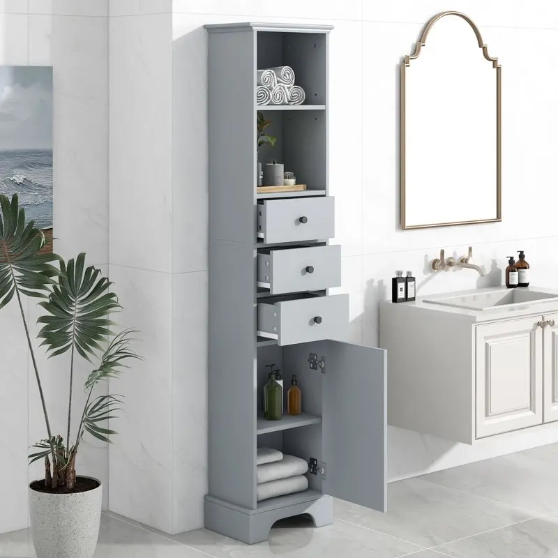 

Tall Bathroom Storage Cabinet with 3 Drawers and Adjustable - Gray Shelf Shelves Bathroom organizer and storage Medicine cabine