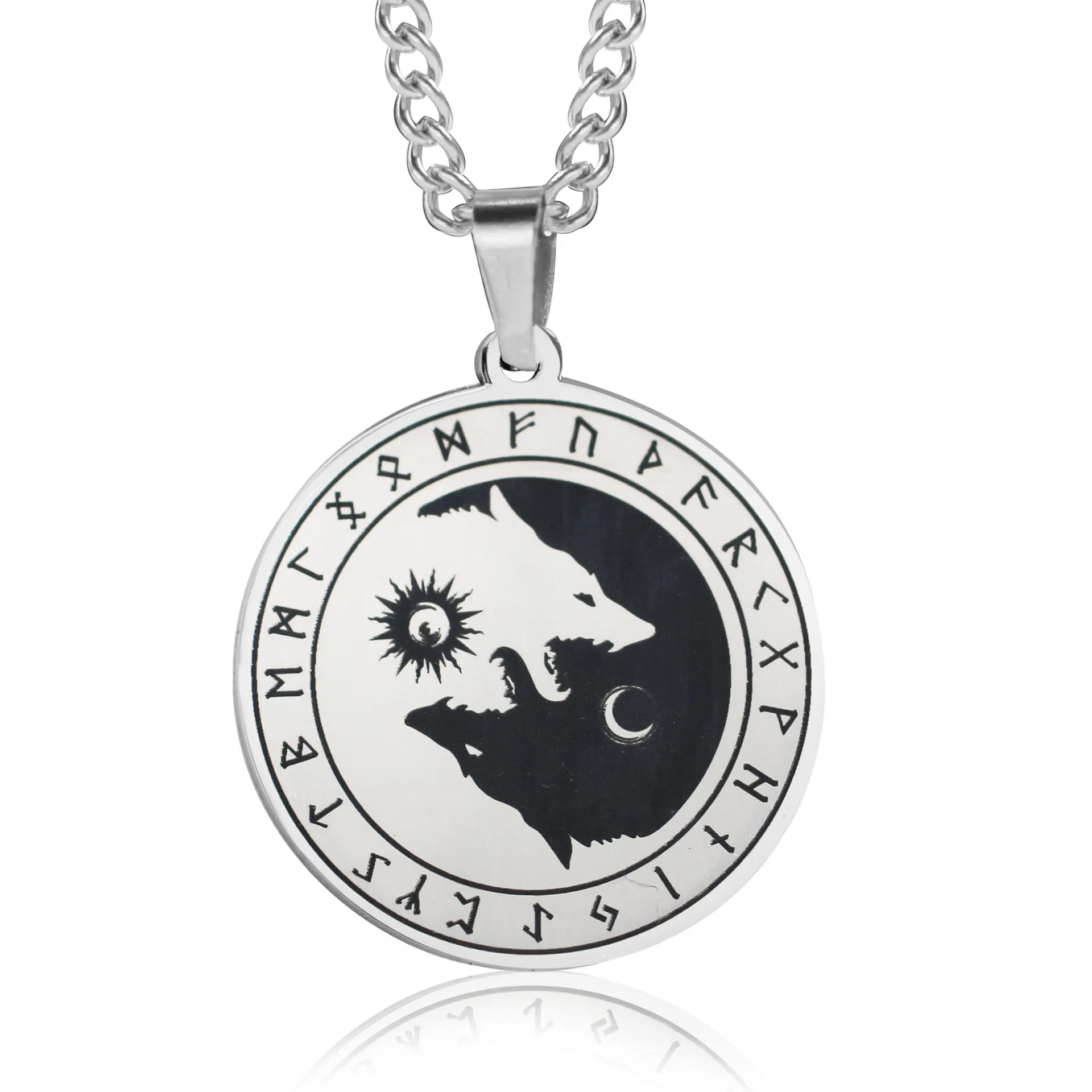 

1pc Retro Viking Symbol Stainless Steel Necklace Odin Wolf Sun and Moon Rune Pendant Necklaces Jewelry Gifts for Men