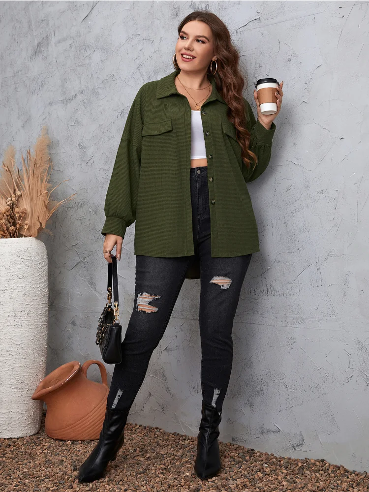 Versatile solid pockets, balloon sleeves, folding collar, plus-size coat plus size women clothing  casaco feminino