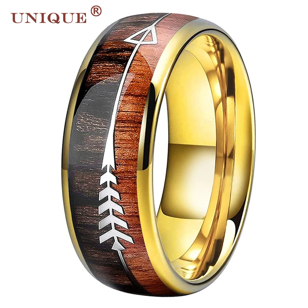 

Unique Jewel Gold 6mm 8mm Fashion Mens Womens Tungsten Hunting Ring Aroow Wood Inlay Plished Shiny Engagement Wedding Band